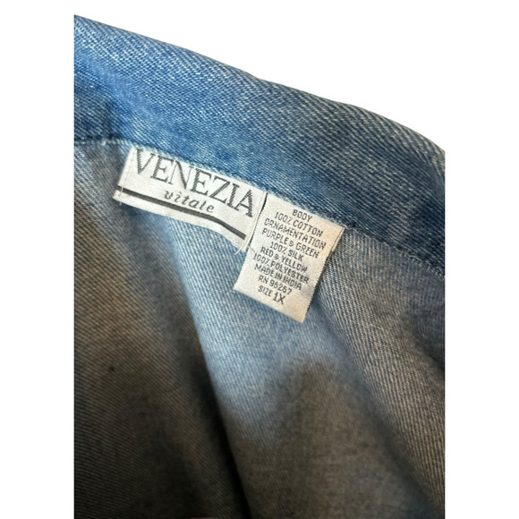 Vintage Cotton Blue Denim 100% Silk Patchwork Jacket 1X Funky Artsy Teacher 80's - Picture 3 of 8